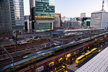 Modern downtown area with railroad and bus terminal