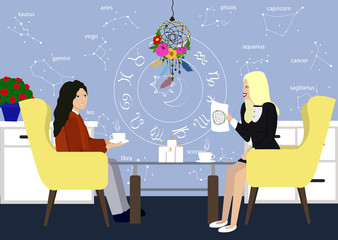 Young girl in consultation with an astrologer. Two girls talk in the astrologer office. Astrology style designed room with astrolog and patient. Illustration of young girl with Astrolog flat style.