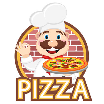 Cook holding pizza in one hand and the other shows the class. Logo