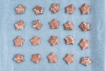Star shaped ginger cookies on baking tray.