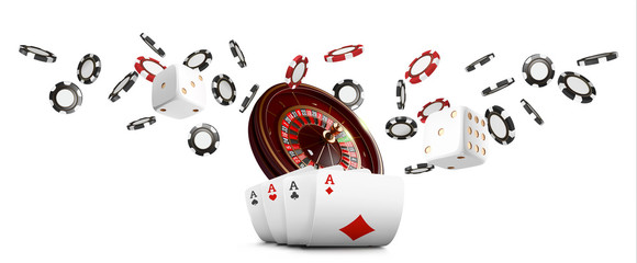 Playing cards and poker chips fly casino wide banner. Casino roulette concept on white background. Poker casino vector illustration. Realistic Casino design. Gambling poker template.
