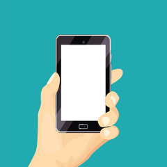 Hand holding mobile phone. Vector illustration of smartphone with empty white screen in flat style.