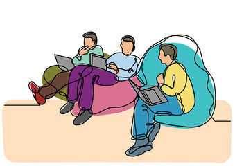 continuous line drawing of programmers with laptops sitting on bean bags