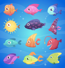 Fototapeta na wymiar Colorful cartoon fish. Funny underwater animals with big eyes ocean and sea life vector illustrations. Fish underwater for game, sea and aquarium life