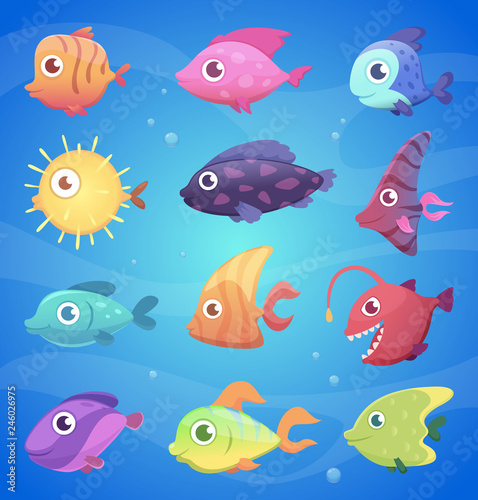 Colorful Cartoon Fish Funny Underwater Animals With Big