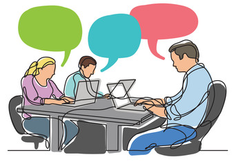 continuous line drawing of three coworkers working on laptops