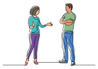 continuous line drawing of two coworkers standing and talking