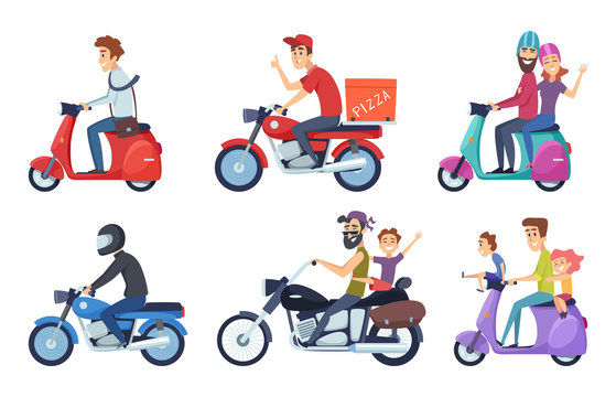 Motorcycle driving. Man rides with woman and kids postal food pizza deliver vector characters cartoon. Man and woman transportation on bike illustration