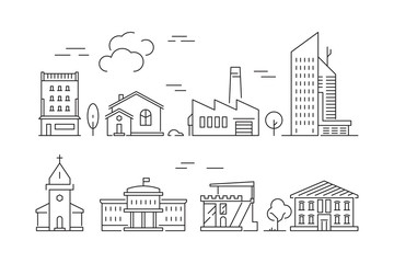 Urban buildings icon. Houses living rooms villa exterior suburban vector linear symbols isolated. Illustration of building city, house cityscape outline