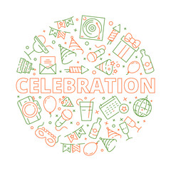 Fototapeta na wymiar Party icon. Event birthday celebration symbols in circle shape fireworks balloons cakes stars vector template. Illustration of celebration birthday or event holiday