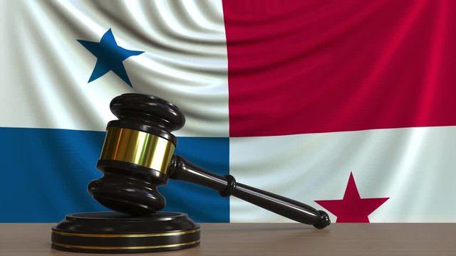 Judge's gavel and block against the flag of Panama. Panamian court conceptual animation