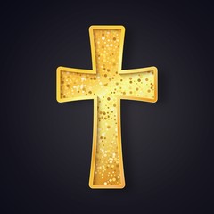 Textured gold catholic cross isolated vector object on dark background