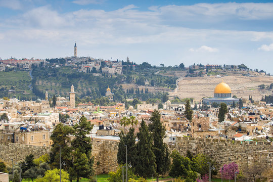 View over Muslim Quarter towards Dome of the Rock and the Mount of Olives, Jerusalem, Israel