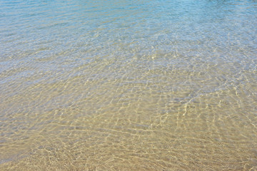 Sandy beach and clear sea water with reflections. Background and texture.