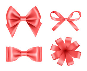 Bow realistic. Holiday decoration colored bow with satin ribbons vector 3d pictures set. Illustration of realistic ribbon 3d for christmas gift