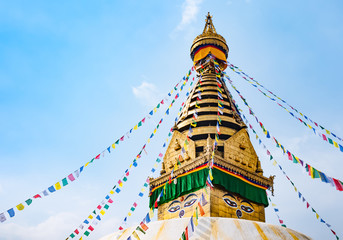 Kathesimbhu Stupa with Buddha eyes and prayer colorful flags in Kathmandu, Nepal