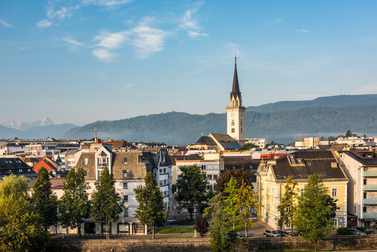 Church of St. Jakob rising above Villach skyline, Carinthia, Austria