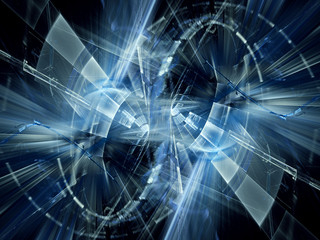 Abstract background element. Fractal graphics 3d illustration. Symmetric composition of repeating grids. Information technology concept. Blue and black colors.