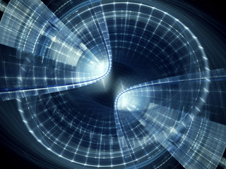 Abstract background element. Fractal graphics 3d illustration. Symmetric composition of repeating grids. Information technology concept. Blue and black colors.