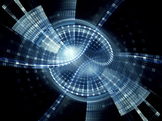 Abstract background element. Fractal graphics 3d illustration. Symmetric composition of repeating grids. Information technology concept. Blue and black colors.