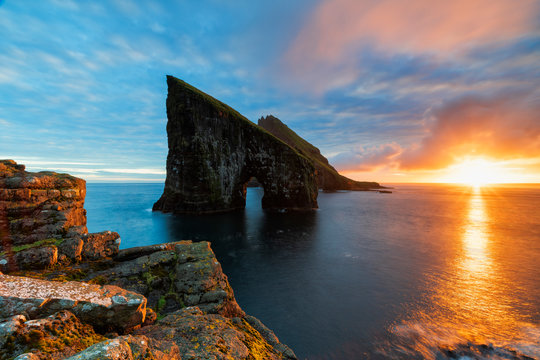 Drangarnir at sunset, Vagar island, Faroe Islands, Denmark