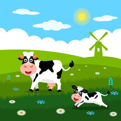 Obraz na płótnie Canvas Cute cow and funny calves graze on green grass on the background of a rural summer landscape, farm and mills. Flat vector illustration