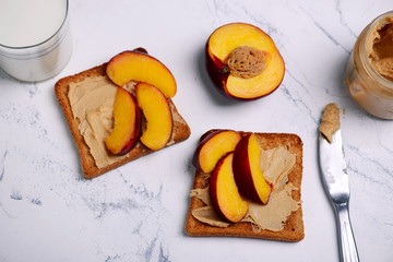 peanut butter toast with peach and milk