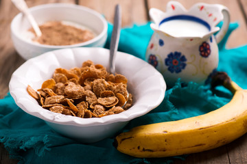 Breakfast cereal  with milk. style vintage.