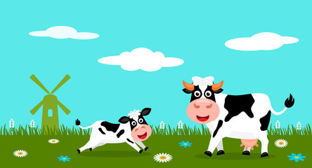 Cute cow and funny calves graze on green grass on the background of a rural summer landscape, farm and mills. Flat vector illustration