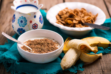 Breakfast cereal  with milk. style vintage.