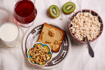 Breakfast cereal  with milk. style vintage.