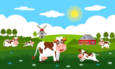 Obraz na płótnie Canvas Cute cows and funny calves graze on green grass against a background of rural summer landscape, farm and mill. Flat vector illustration