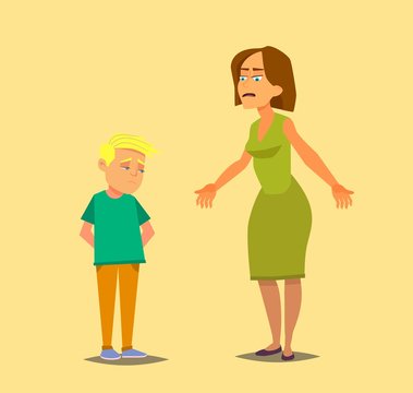 Angry mother wags finger at guilty sonTeacher berate unhappy schoolboy. Upset mom reprimand sad kid. Flat vector character illustration