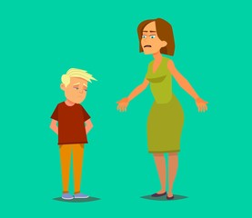 Angry mother wags finger at guilty sonTeacher berate unhappy schoolboy. Upset mom reprimand sad kid. Flat vector character illustration