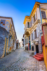 Picturesque narrow street and buildings in the old town of Xanthi, Greece.