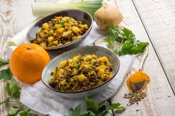 potatoes and lentils salad with turmeric fennel seed and orange grated peel