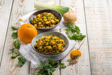 potatoes and lentils salad with turmeric fennel seed and orange grated peel