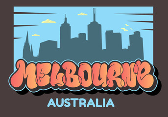 Melbourne Australia Cityscape City Skyline Silhouette Urban Card Flyer Poster Hand Drawn  Lettering Type Design Throw Up Bubble Graffiti Vector Graphic