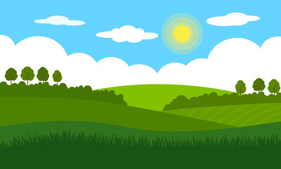 Rural landscape landscape. Green fields, meadows, bushes and trees against the blue sky with clouds and the bright sun.