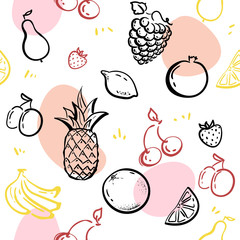 doodle fruits isolated on white blackboard seamless pattern vector. Healthy nutrition sketch illustration. pineapple, strawberries oranges. summer fruits illustration. Fruit design fabric decor