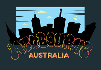 Melbourne Australia Cityscape City Skyline Silhouette Urban Card Flyer Poster Hand Drawn  Lettering Type Design Throw Up Bubble Graffiti Vector Graphic