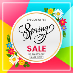 A bright banner of spring sale on the background of spring flowers, daisies. Template for postcard, advertising, coupon, invitation, banner.