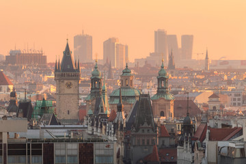 View Prague city center with Old town Square, Orloj clock and Pankrac skyscrapers, Prague, Czech Republic