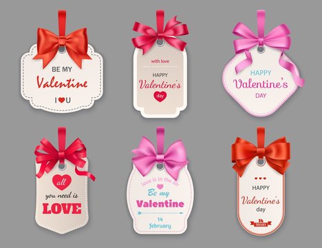 Gift tags with hearts and ribbons. Valentines Day