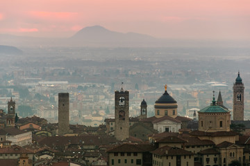 Beautiful medieval town at sunrise morning with main sights of Bergamo Lombardy from Castello di San Vigilio, Italy