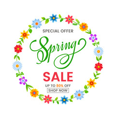 A bright banner of spring sale on the background of spring flowers, daisies. Template for postcard, advertising, coupon, invitation, banner.