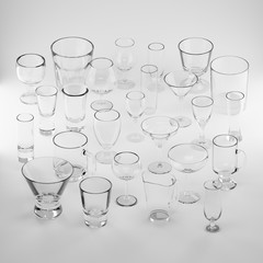 Big Set of 3d Rendered Different Transparent Wine Glasses