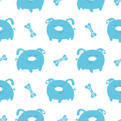 Cute blue little dog hand drawn children vector illustration. Baby graphic shower for kids t-shirt seamless pattern. Doggy with bones on white background. Cartoon animal for fabric textile print.