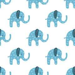 Cute blue boy elephants seamless pattern. Beautiful baby graphic textile print. Child shower illustration