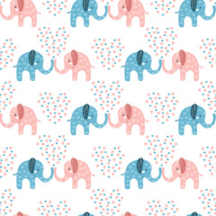 Two cute boy and girl elephants kiss with abstract heart. Stylized love seamless pattern with pink flower and blue drop. Beautiful baby graphic textile print